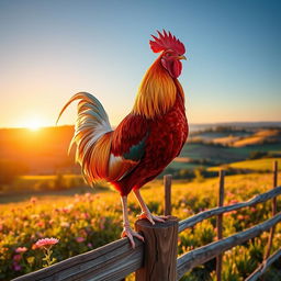 A beautiful, vibrant scene of a majestic rooster standing proudly atop a wooden fence at sunrise