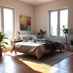 a cozy modern bedroom with a large window allowing natural light to stream in, featuring a neatly made queen-sized bed with soft, fluffy pillows and a decorative blanket