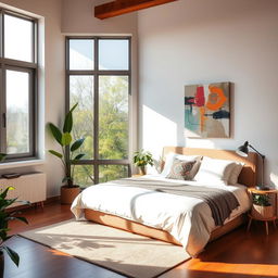 a cozy modern bedroom with a large window allowing natural light to stream in, featuring a neatly made queen-sized bed with soft, fluffy pillows and a decorative blanket