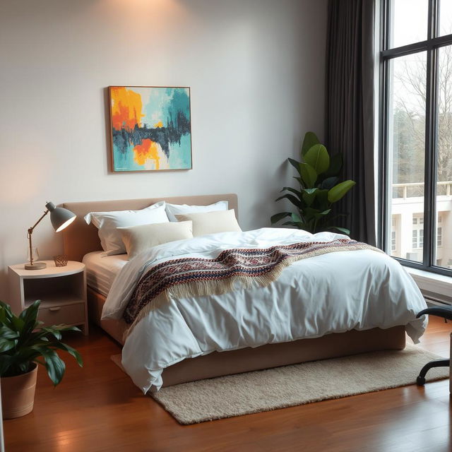 a cozy modern bedroom with a large window allowing natural light to stream in, featuring a neatly made queen-sized bed with soft, fluffy pillows and a decorative blanket