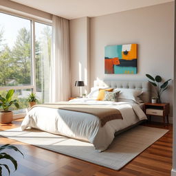 a cozy modern bedroom with a large window allowing natural light to stream in, featuring a neatly made queen-sized bed with soft, fluffy pillows and a decorative blanket