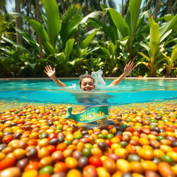 A vibrant scene of a stunning swimming pool filled with a variety of colorful nuts, with a lively and energetic person swimming joyfully in it