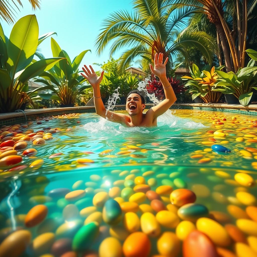 A vibrant scene of a stunning swimming pool filled with a variety of colorful nuts, with a lively and energetic person swimming joyfully in it