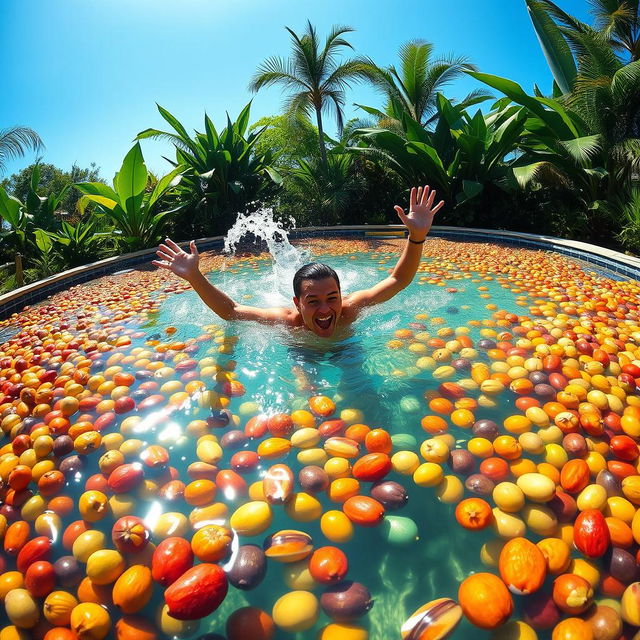 A vibrant scene of a stunning swimming pool filled with a variety of colorful nuts, with a lively and energetic person swimming joyfully in it