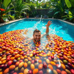 A vibrant scene of a stunning swimming pool filled with a variety of colorful nuts, with a lively and energetic person swimming joyfully in it