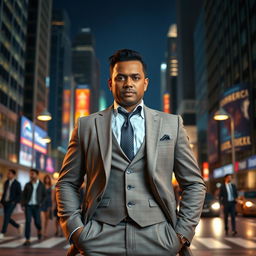 A powerful individual standing confidently in a vibrant, urban setting