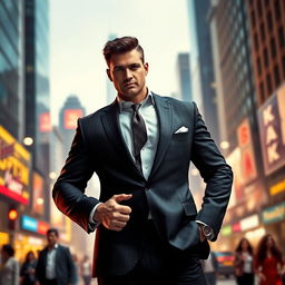 A powerful individual standing confidently in a vibrant, urban setting