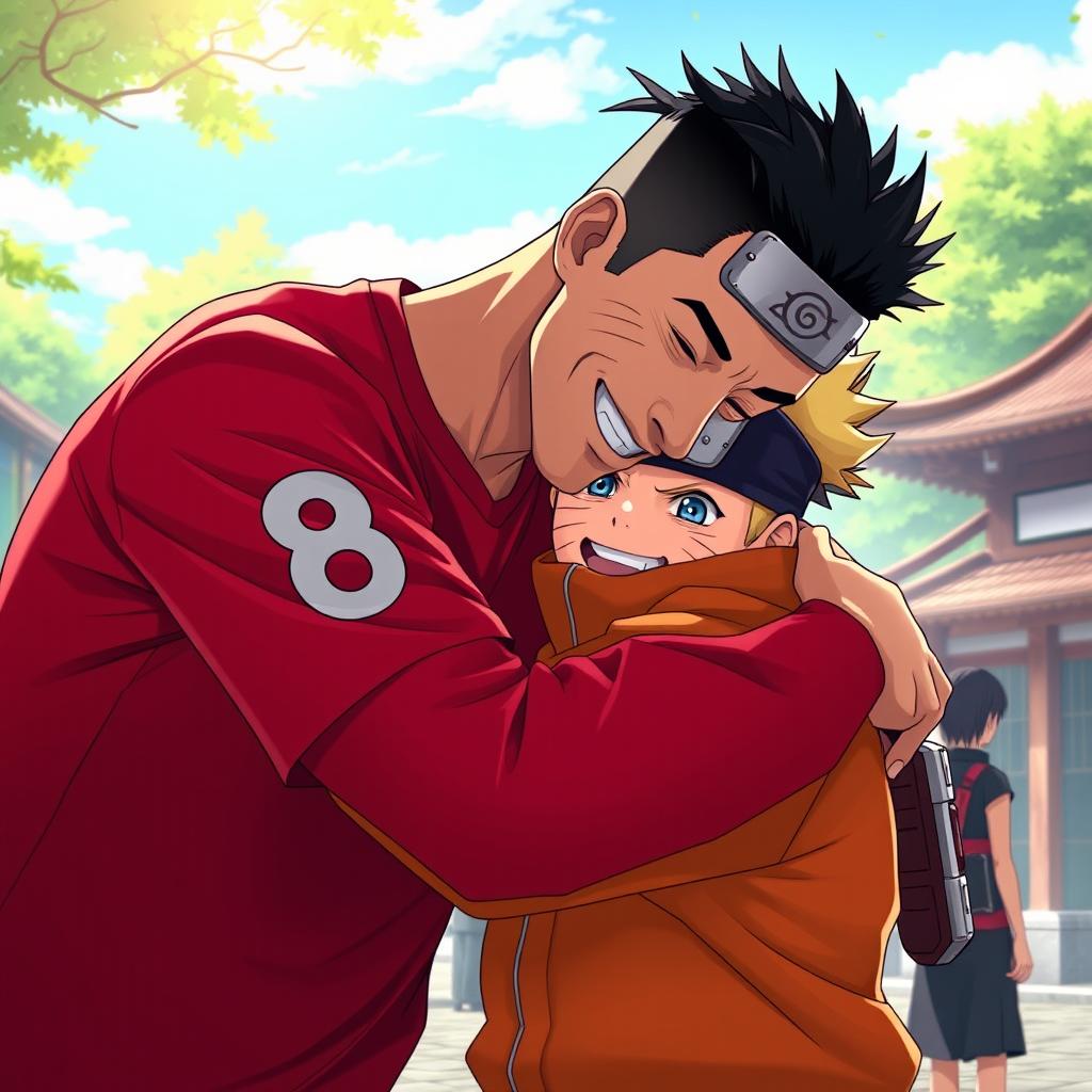 A heartwarming scene of Cristiano Ronaldo, the famous Portuguese soccer player, hugging Naruto Uzumaki, the beloved ninja character from the anime series Naruto