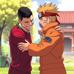 A heartwarming scene of Cristiano Ronaldo, the famous Portuguese soccer player, hugging Naruto Uzumaki, the beloved ninja character from the anime series Naruto