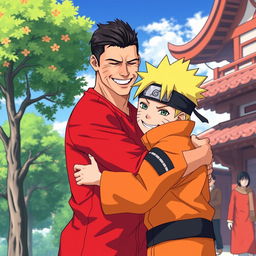 A heartwarming scene of Cristiano Ronaldo, the famous Portuguese soccer player, hugging Naruto Uzumaki, the beloved ninja character from the anime series Naruto