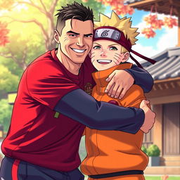 A heartwarming scene of Cristiano Ronaldo, the famous Portuguese soccer player, hugging Naruto Uzumaki, the beloved ninja character from the anime series Naruto