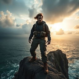 A brave individual standing tall on a rocky cliff, gazing defiantly at the distant stormy sea