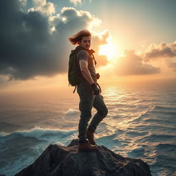 A brave individual standing tall on a rocky cliff, gazing defiantly at the distant stormy sea