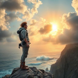 A brave individual standing tall on a rocky cliff, gazing defiantly at the distant stormy sea