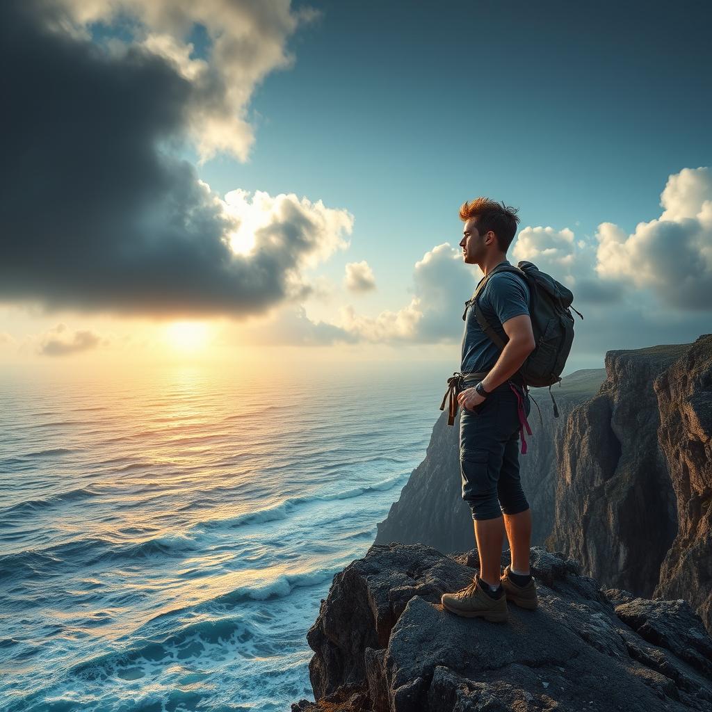 A brave individual standing tall on a rocky cliff, gazing defiantly at the distant stormy sea