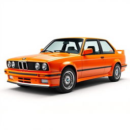 A highly detailed and realistic rendering of a BMW E30 car in a vibrant bright orange color, positioned prominently against a neutral white background