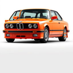 A highly detailed and realistic rendering of a BMW E30 car in a vibrant bright orange color, positioned prominently against a neutral white background