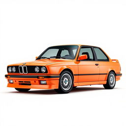 A highly detailed and realistic rendering of a BMW E30 car in a vibrant bright orange color, positioned prominently against a neutral white background