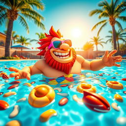 A vibrant pool scene featuring Mr