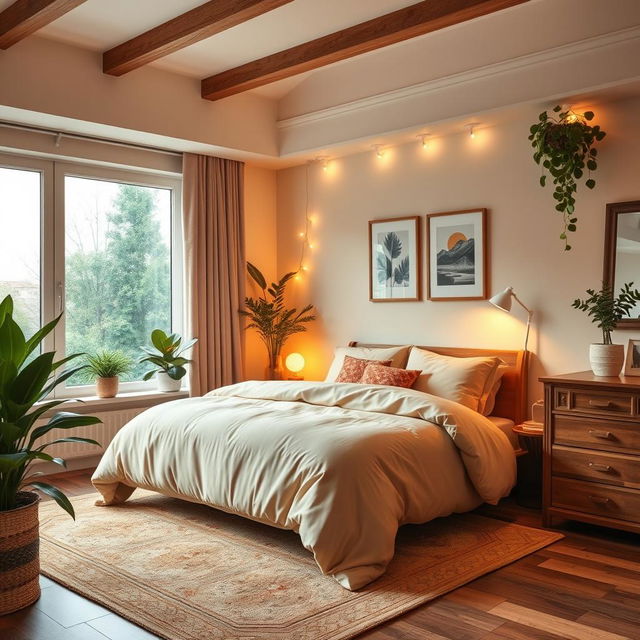 Interior design and decor of a cozy bedroom featuring a large, fluffy bed with soft, warm-colored bedding, elegant wooden furniture including a nightstand and a dresser, a stylish area rug, and large windows allowing natural light to flood the space