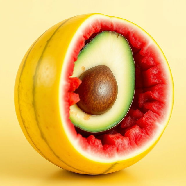 An imaginative and visually striking image of a unique watermelon with a yellow exterior and a vibrant red interior, displaying a remarkable cross-section