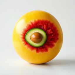 An imaginative and visually striking image of a unique watermelon with a yellow exterior and a vibrant red interior, displaying a remarkable cross-section