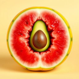 An imaginative and visually striking image of a unique watermelon with a yellow exterior and a vibrant red interior, displaying a remarkable cross-section