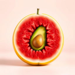 An imaginative and visually striking image of a unique watermelon with a yellow exterior and a vibrant red interior, displaying a remarkable cross-section