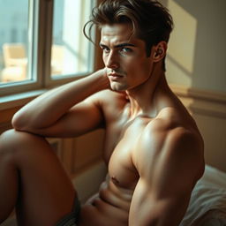 A sensual and artistic representation of a beautiful, attractive and fit male model, posed in a classical manner akin to fine art