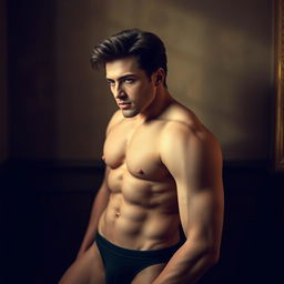 A sensual and artistic representation of a beautiful, attractive and fit male model, posed in a classical manner akin to fine art