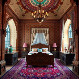 An interior design of a traditional Iranian Qajar-era bedroom, featuring intricate wooden carvings, vibrant Persian rugs, and ornate curtains