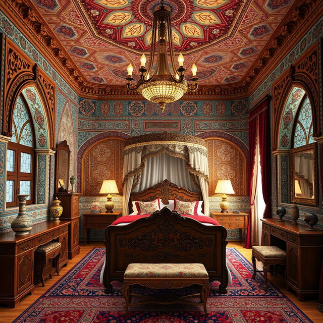 An interior design of a traditional Iranian Qajar-era bedroom, featuring intricate wooden carvings, vibrant Persian rugs, and ornate curtains