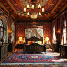 An interior design of a traditional Iranian Qajar-era bedroom, featuring intricate wooden carvings, vibrant Persian rugs, and ornate curtains