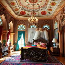 An interior design of a traditional Iranian Qajar-era bedroom, featuring intricate wooden carvings, vibrant Persian rugs, and ornate curtains