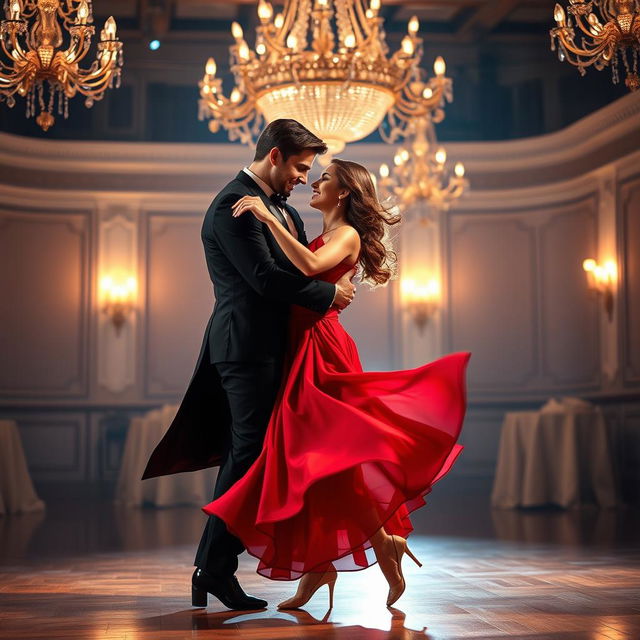 A romantic scene featuring two elegantly dressed dancers engaged in a passionate dance, swirling gracefully together