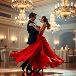 A romantic scene featuring two elegantly dressed dancers engaged in a passionate dance, swirling gracefully together