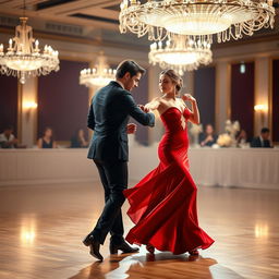 A romantic scene featuring two elegantly dressed dancers engaged in a passionate dance, swirling gracefully together