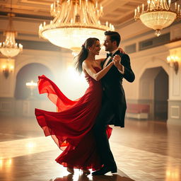 A romantic scene featuring two elegantly dressed dancers engaged in a passionate dance, swirling gracefully together