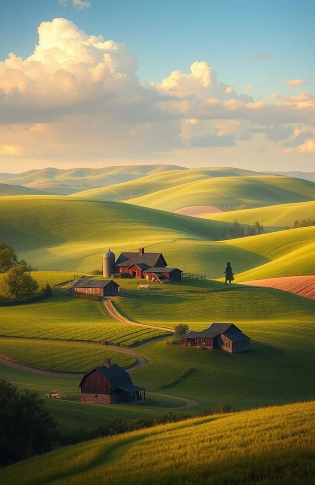 A picturesque farm landscape featuring rolling hills and rich earthy tones, symbolizing the emotional journey of characters