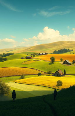A picturesque farm landscape featuring rolling hills and rich earthy tones, symbolizing the emotional journey of characters