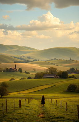 A picturesque farm landscape featuring rolling hills and rich earthy tones, symbolizing the emotional journey of characters