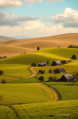 A picturesque farm landscape featuring rolling hills and rich earthy tones, symbolizing the emotional journey of characters