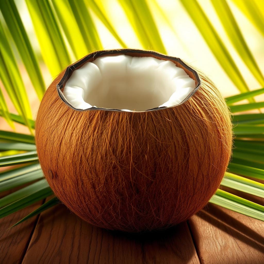 A realistic and detailed depiction of a coconut, with its rough brown outer shell and smooth inner surface, sitting on a textured wooden table, surrounded by fresh green palm leaves