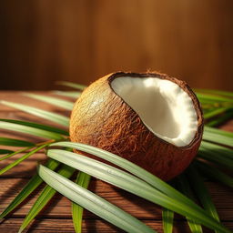 A realistic and detailed depiction of a coconut, with its rough brown outer shell and smooth inner surface, sitting on a textured wooden table, surrounded by fresh green palm leaves