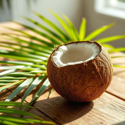 A realistic and detailed depiction of a coconut, with its rough brown outer shell and smooth inner surface, sitting on a textured wooden table, surrounded by fresh green palm leaves
