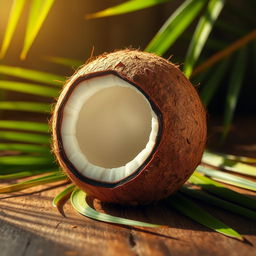 A realistic and detailed depiction of a coconut, with its rough brown outer shell and smooth inner surface, sitting on a textured wooden table, surrounded by fresh green palm leaves