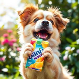 A charming and playful image of a dog happily drinking from a Dania juice box