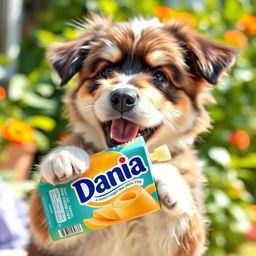 A charming and playful image of a dog happily drinking from a Dania juice box