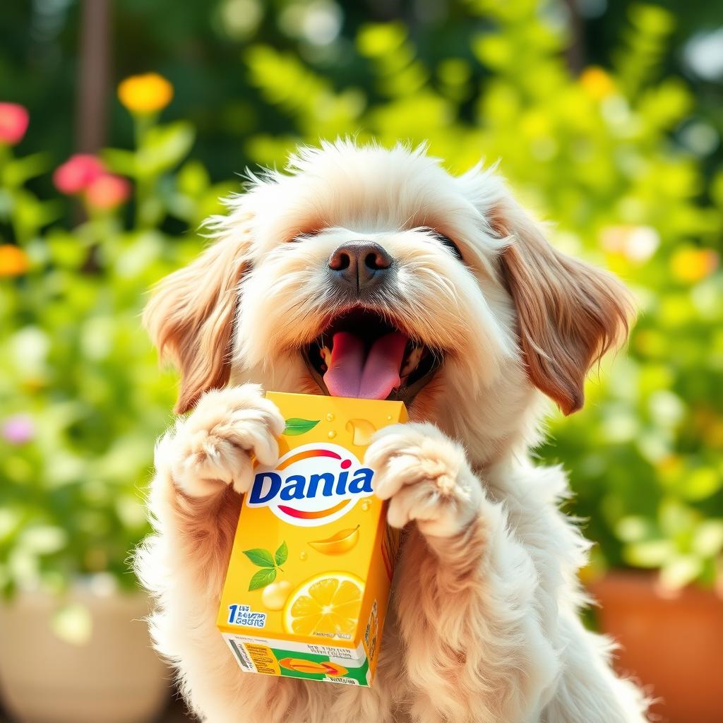 A charming and playful image of a dog happily drinking from a Dania juice box