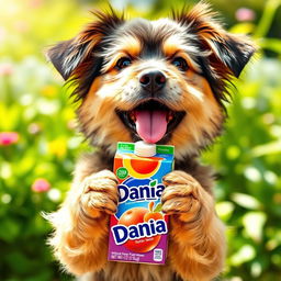 A charming and playful image of a dog happily drinking from a Dania juice box